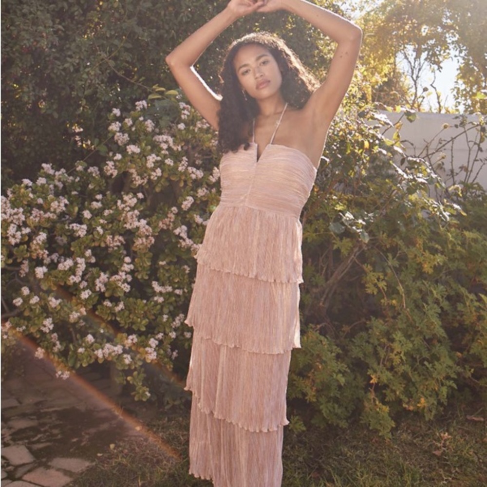 SAYLOR Blush Pink Tiered Strapless Midi Dress